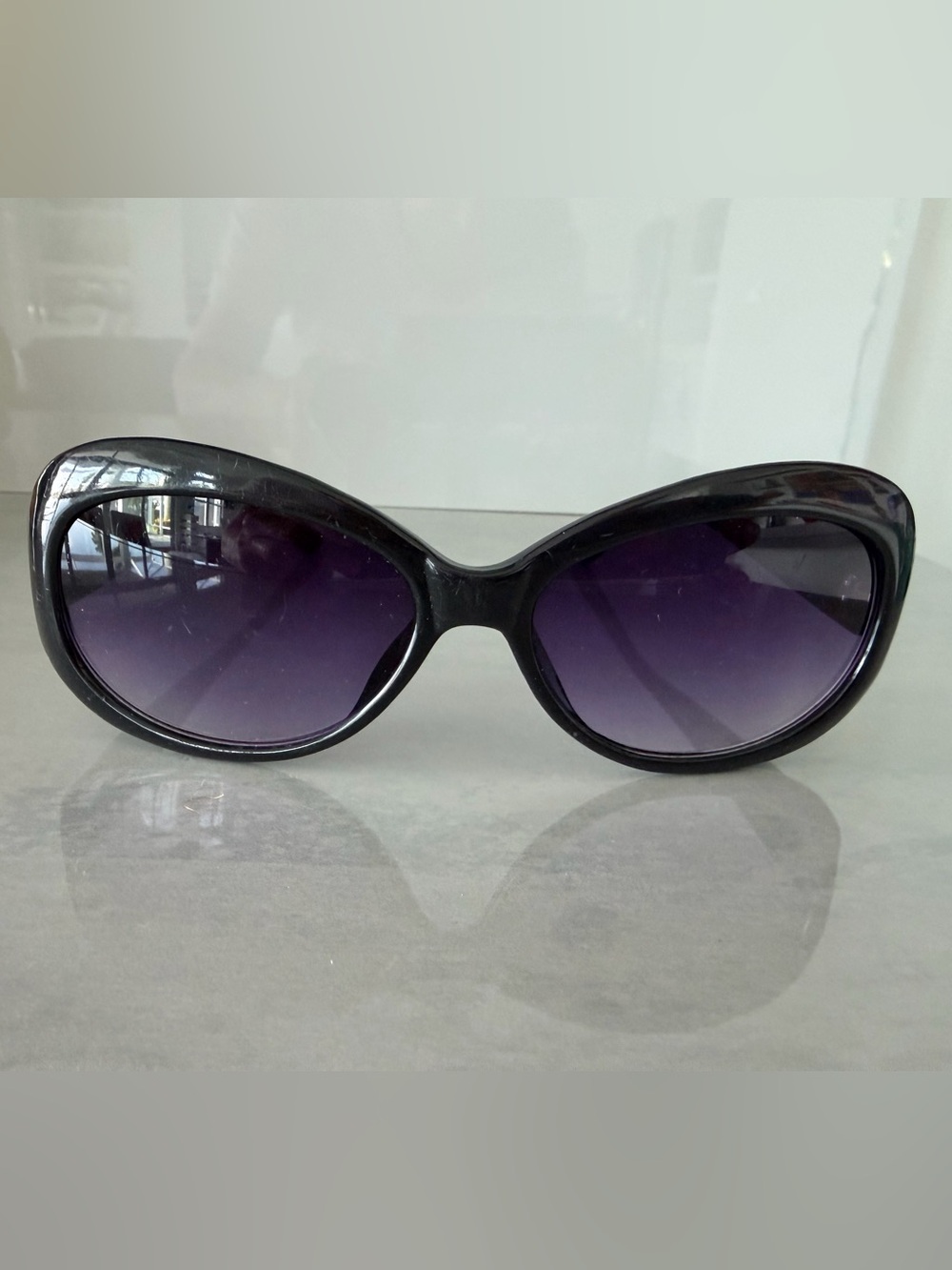 Chic BCBGMAXAZRIA Glossy Black Butterfly Style Sunglasses, Gradient Lenses